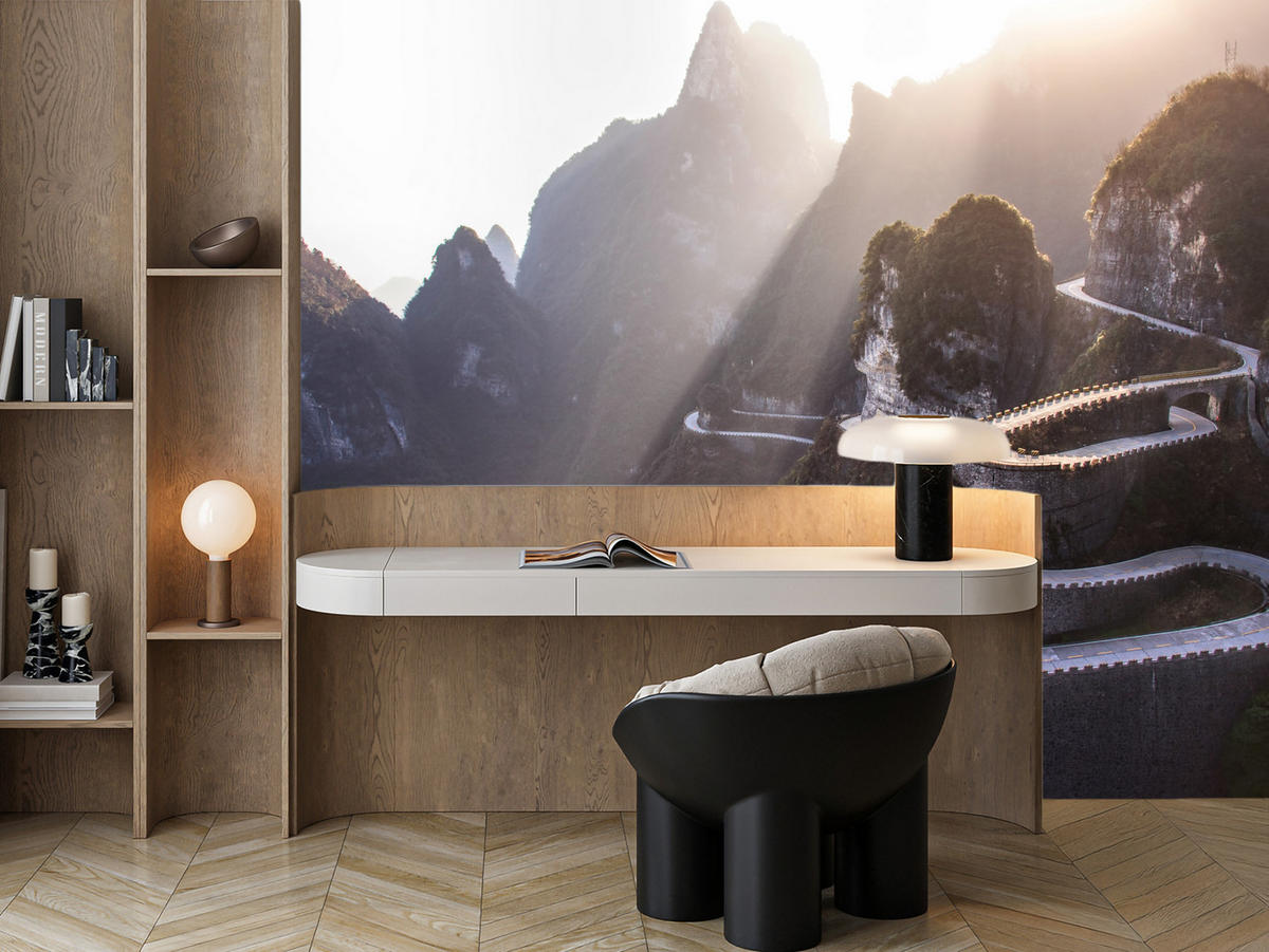 FOTOTAPETE für Wohnzimmer Felsige Bergstraße Sonnenuntergang 400x280 - Beige/Gelb, Papier (400/280cm) - Muralo