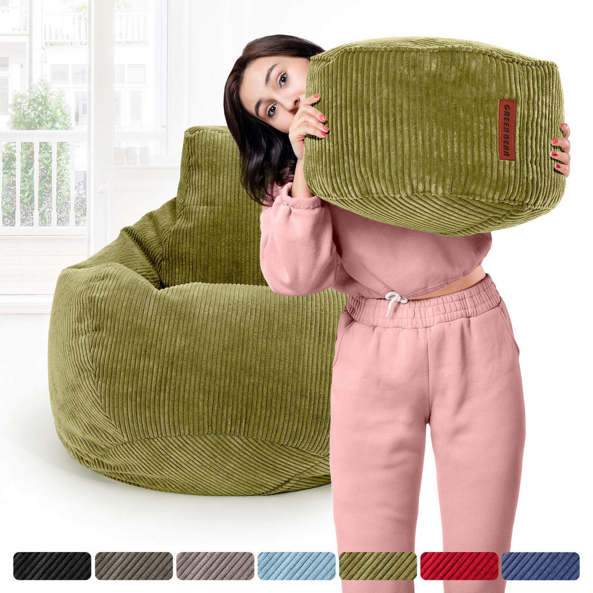 LOUNGE-SITZSACK Cozy + Fußhocker - Grün, Textil (80/90/90cm) - Green Bean
