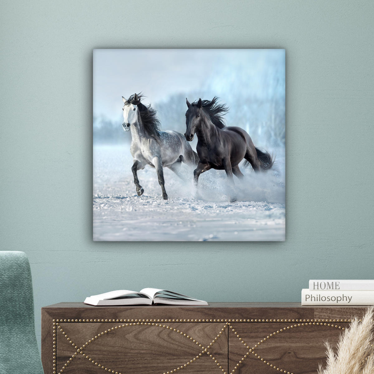 LEINWANDBILD Pferde - Winter - Tiere - Natur - Schnee Wandbild Wohnzimmer 50x50 cm - Anthrazit, Textil (50/50cm) - MuchoWow