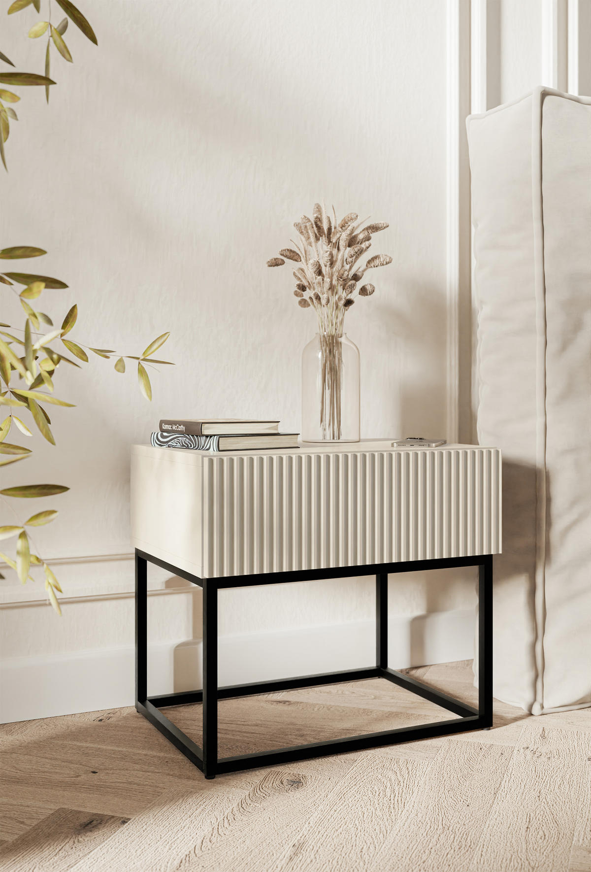 NACHTSCHRANK Veldio Graubeige mit schwarzen Beinen 50 cm - Greige/Schwarz, Holzwerkstoff/Metall (50/44/35.6cm) - Selsey