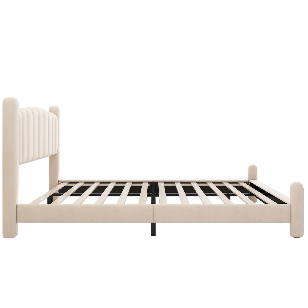 POLSTERBETT aus Samt 160x200 cm Beige mit Lattenrost, Wellen-Kopfteil und zylindrischen Beinen - Beige, Textil (160/200cm) - Modfu