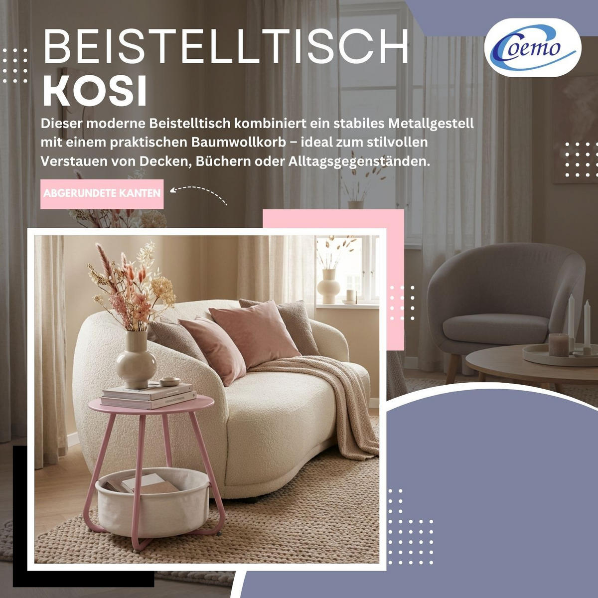 COUCHTISCH KOSI Metall mit Aufbewahrungskorb Canvas Pink - Rosa, Metall (50/50/45cm) - Coemo