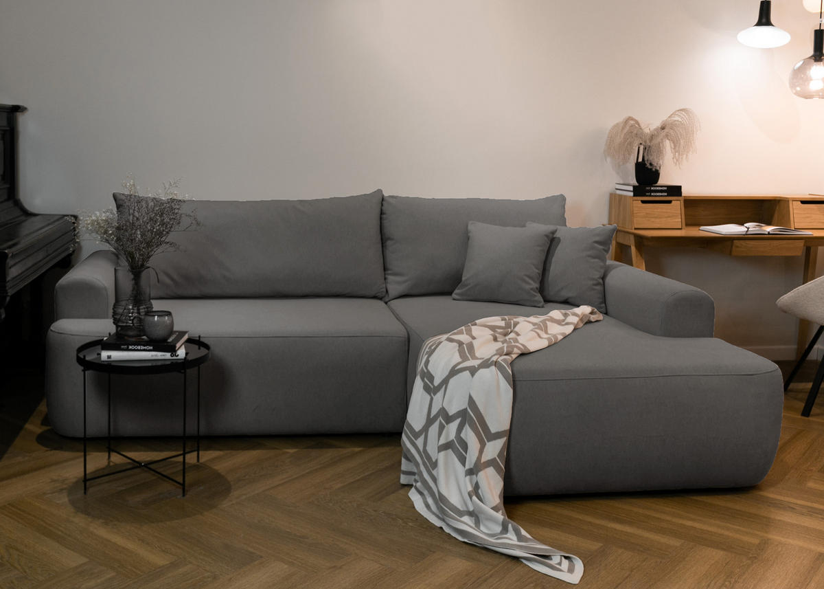 ECKSOFA Ovo Dunkelgrau Velours - Dunkelgrau/Schwarz, Kunststoff/Textil (260/165cm) - Selsey