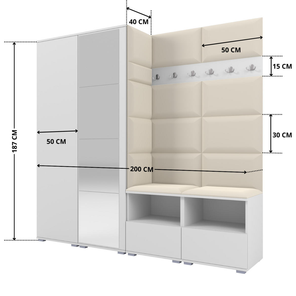 GARDEROBE NELA VI 200 cm (Kompaktgarderobe Weiß mit Spiegel & Sitzpolster Creme 01 Schrank & Paneel) - Silberfarben/Creme, Holz/Holzwerkstoff (200/187/40cm) - Ravio