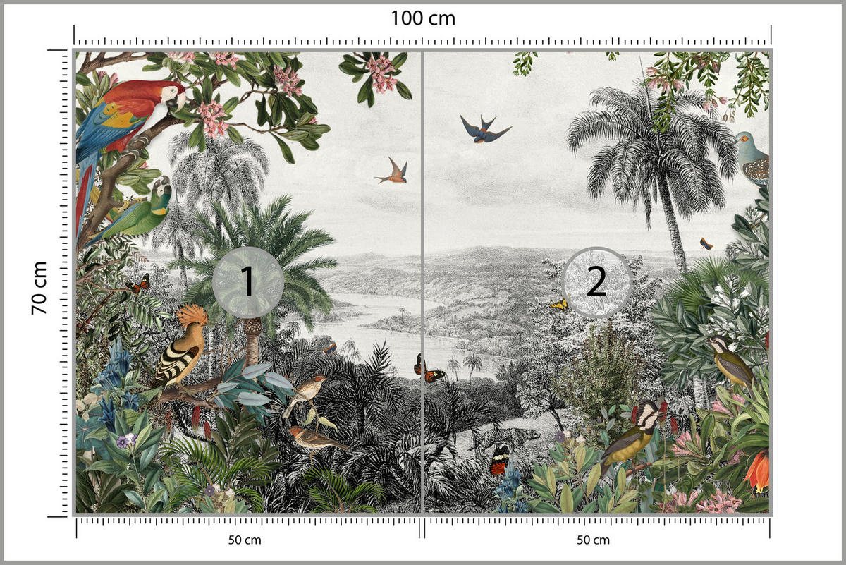 FOTOTAPETE für Wohnzimmer Tropenpapageien Vögel Palmen 100x70 - Gelb/Rot, Papier (100/70cm) - Muralo