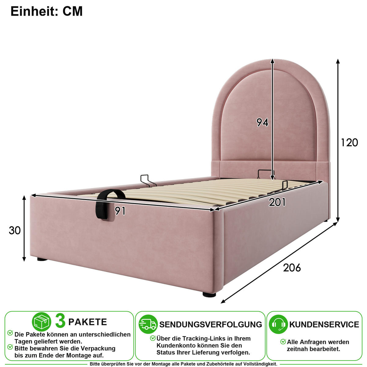 POLSTERBETT 90/200 cm in Rosa Samt mit Bettkasten und Matratze - Rosa, Holzwerkstoff/Textil (90/200cm) - CHICFURN
