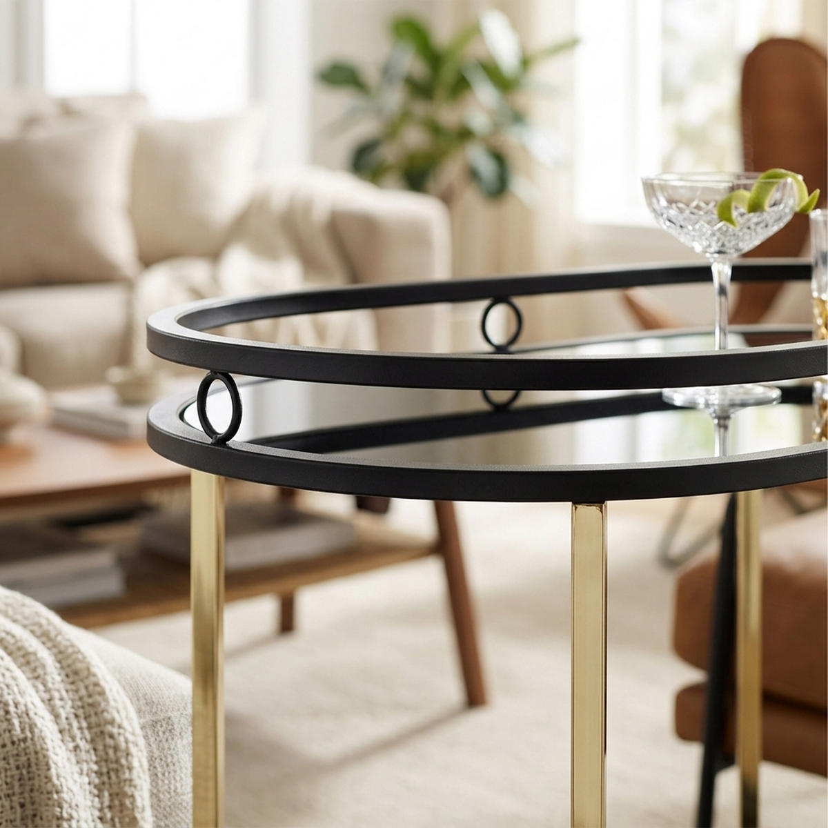 SERVIERWAGEN Schwarz Gold 2 Glasablagen Stahl - Schwarz, Glas/Kunststoff (72/77.5/42cm) - Relaxdays