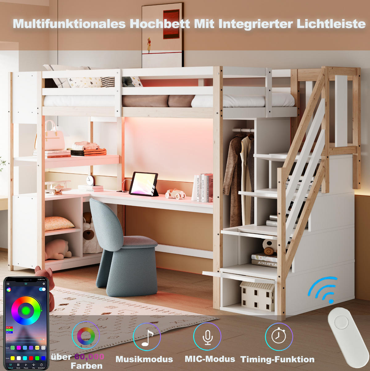 HOCHBETT 90/200 cm aus Massivholz und MDF mit Schreibtisch, Kleiderschrank und LED Weiß/Natur - Naturfarben, Holz (90/200cm) - Modenvie