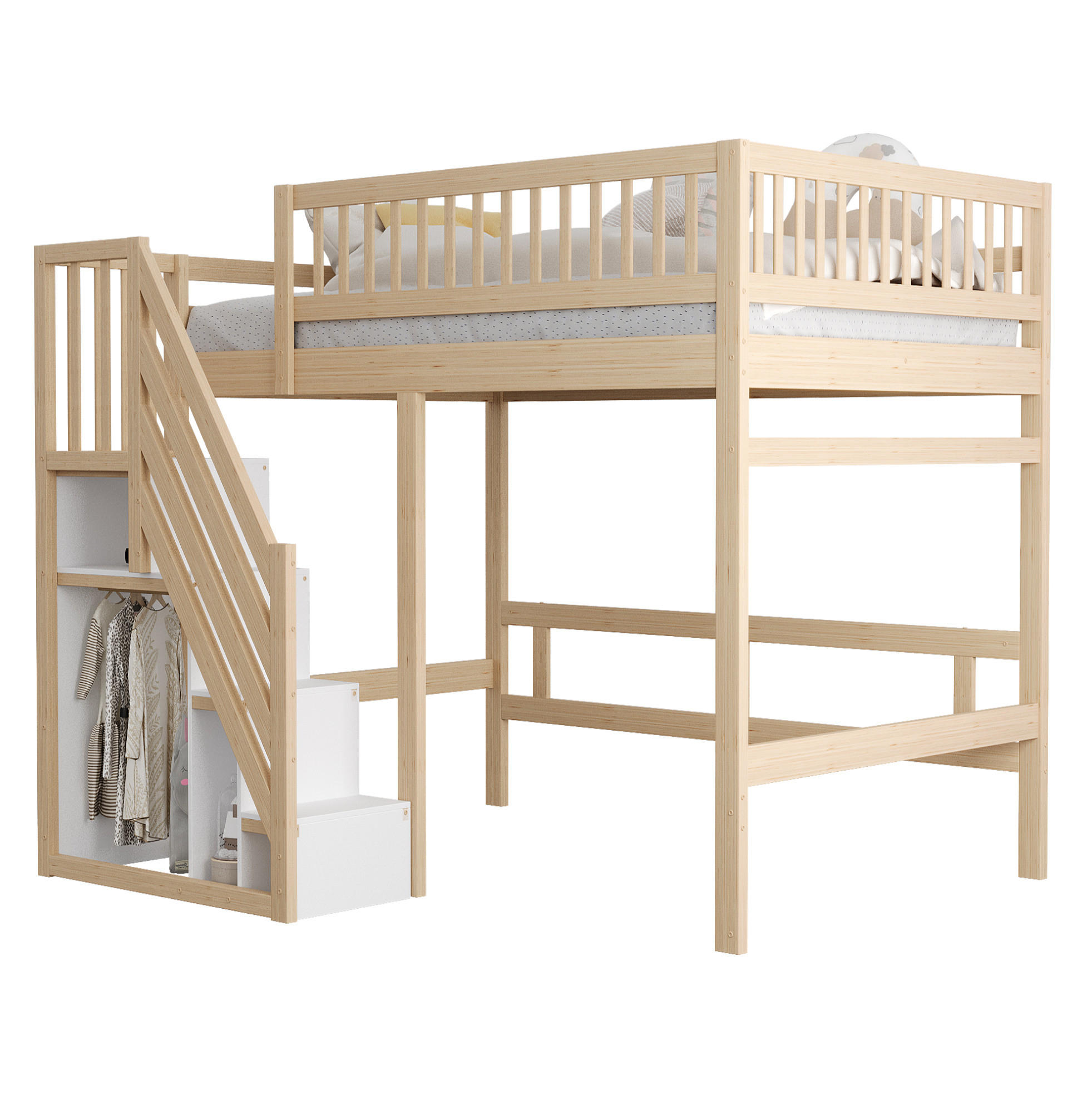 HOCHBETT 140/200 cm Natur Holz mit Stauraumtreppe ohne Matratze - Naturfarben, Holz (140/200cm) - MIVRAY