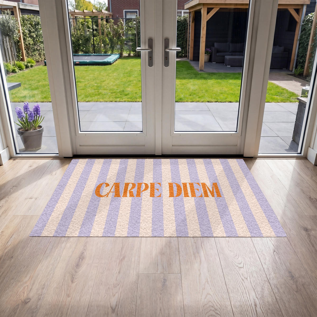 FUSSMATTE Lila – Orange – Streifen – Carpe Diem 150x90 cm - Flieder, Kunststoff (150/0.4cm) - MuchoWow