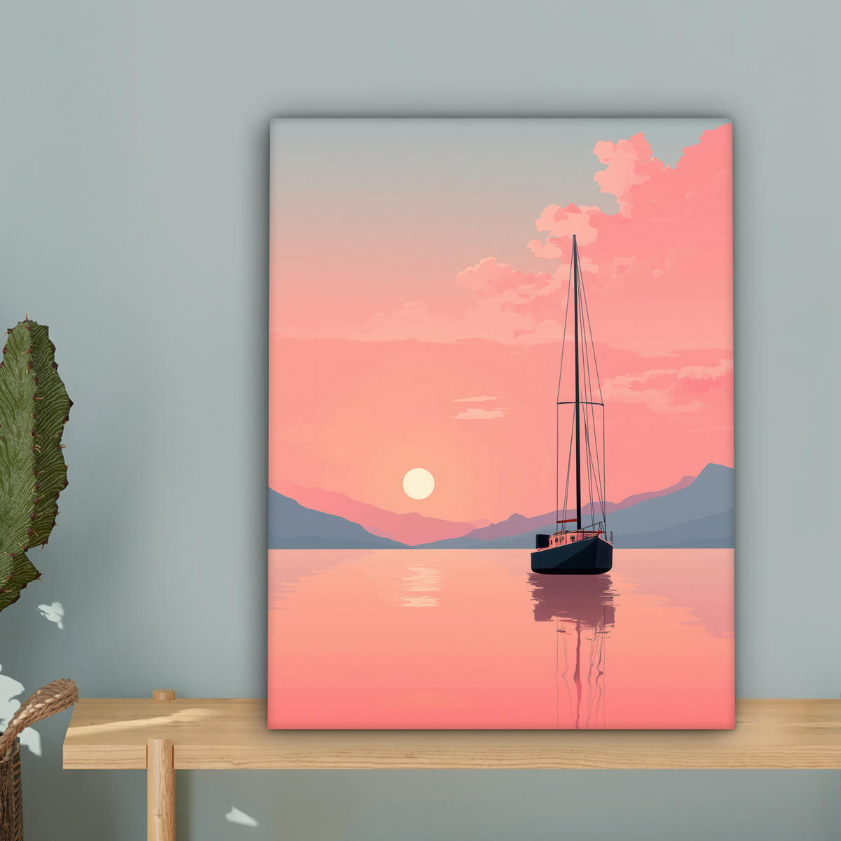 LEINWANDBILD Segelboot - Rosa Meer - Sonnenuntergang - Berge Room Decor 30x40 cm - Rosa, Textil (30/40cm) - MuchoWow