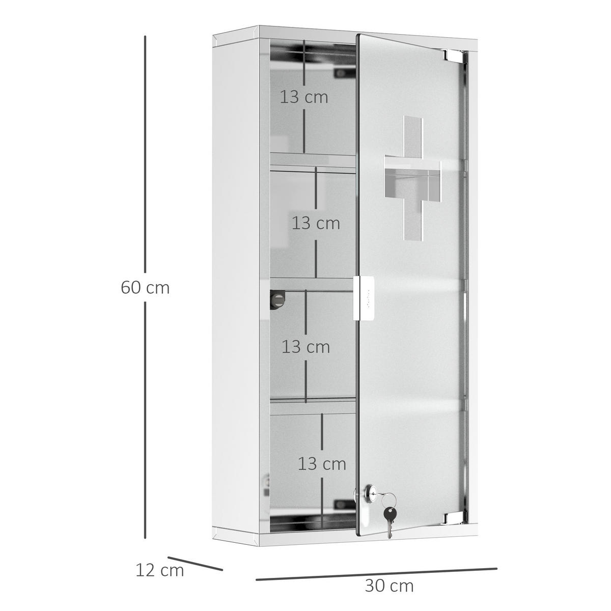 MEDIZINSCHRANK, Erste Hilfe, mit Schloss, Edelstahl, 30 x 12 x 60 cm - Silberfarben, Glas (12/60/30cm) - HOMCOM