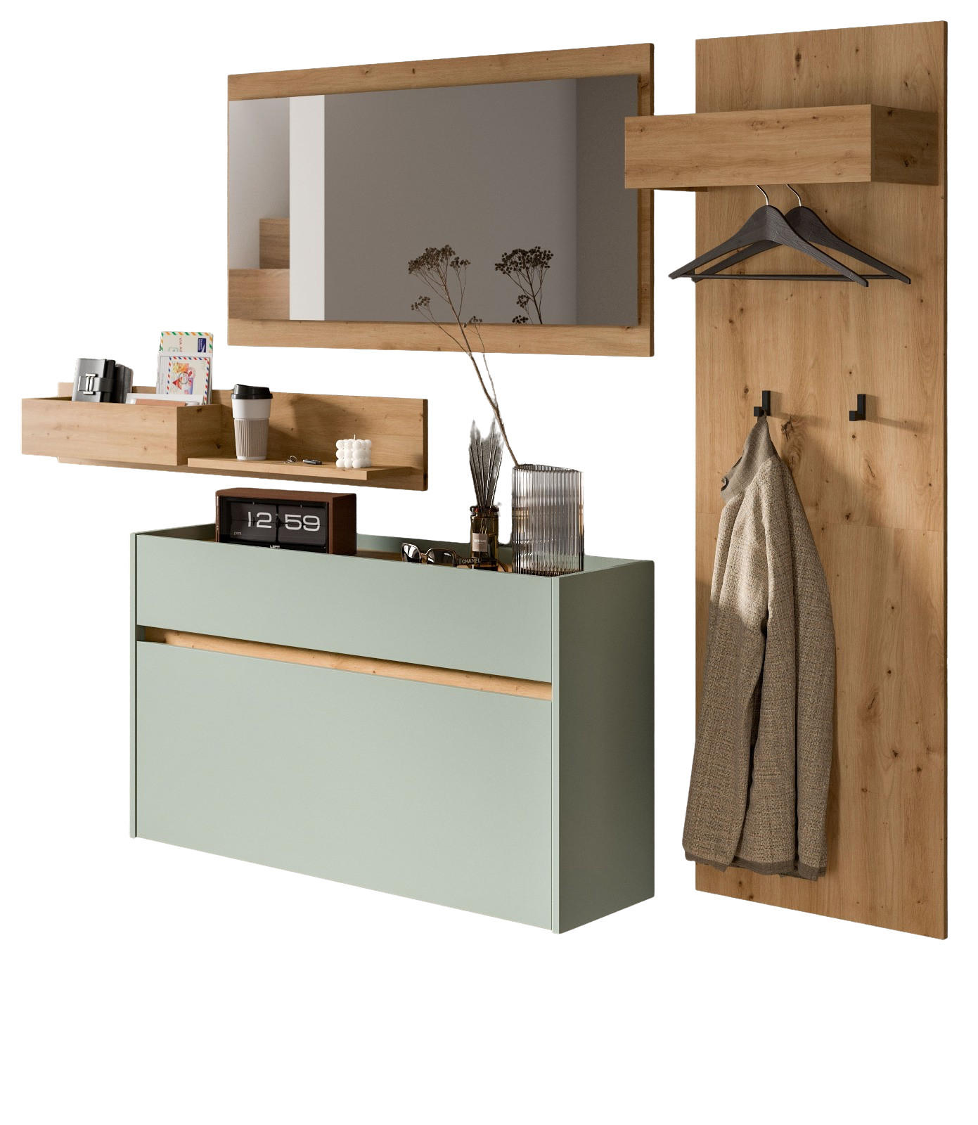 GARDEROBE-SET Salbei und Artisan Eiche, Garderobe 4-teilig, 205 x 192 cm, Borga - Salbeigrün/Eiche Artisan, Holzwerkstoff (205/192/32cm) - Inn.Furn