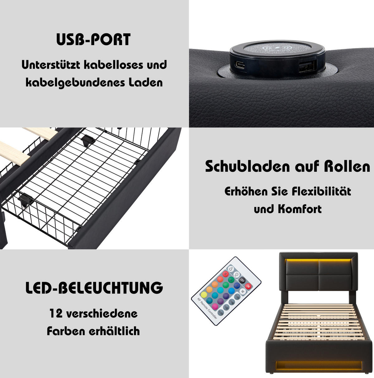 POLSTERBETT 90/190 cm mit USB-Ladefunktion, LED-Beleuchtung, 4 Schubladen und PU-Bezug, Schwarz - Schwarz, Kunststoff (90/190cm) - Redom