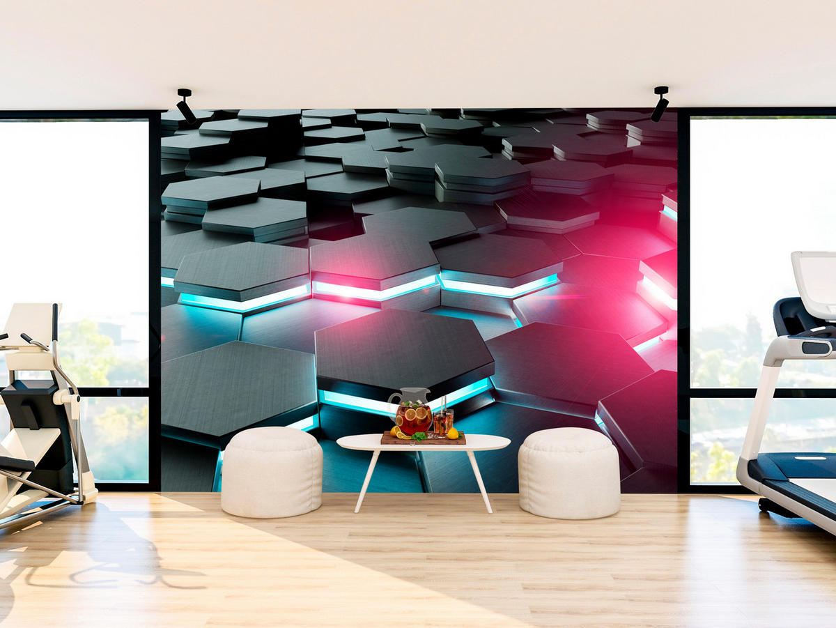 FOTOTAPETE für Büro Schwarz Hexagone Neon Rosa Blau Formen Geometrie 150x105 - Blau/Schwarz, Papier (150/105cm) - Muralo