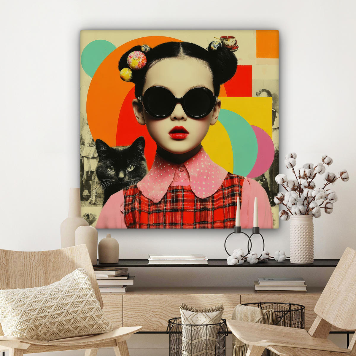 LEINWANDBILD Mädchen - Sonnenbrille - Katze - Retro Deko Groß 90x90 cm - Beige, Textil (90/90cm) - MuchoWow