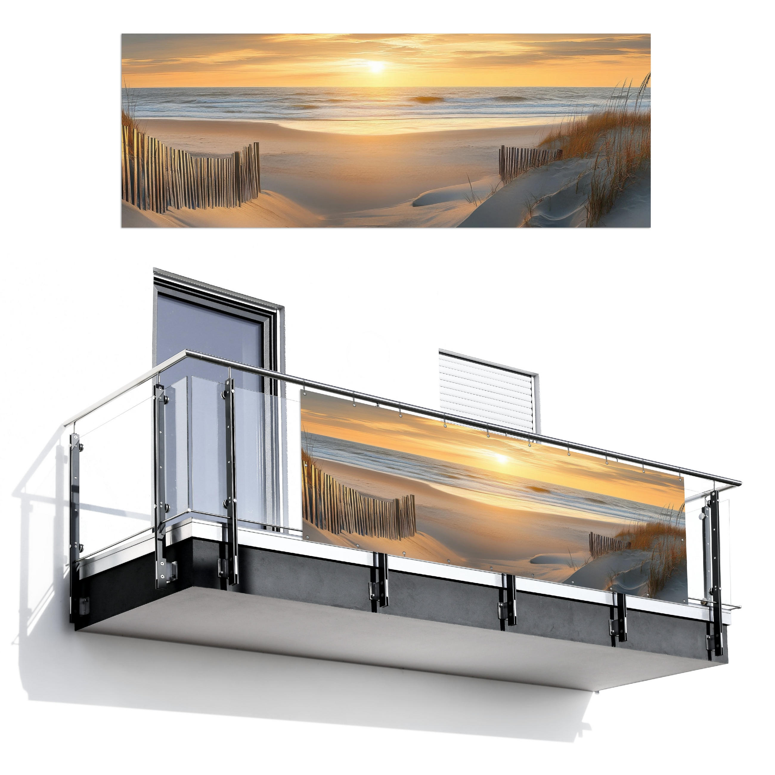 BALKON-SICHTSCHUTZ Strand - Dünen - Sonnenuntergang 300x110 cm - Sandfarben, Kunststoff (300/110cm) - MuchoWow