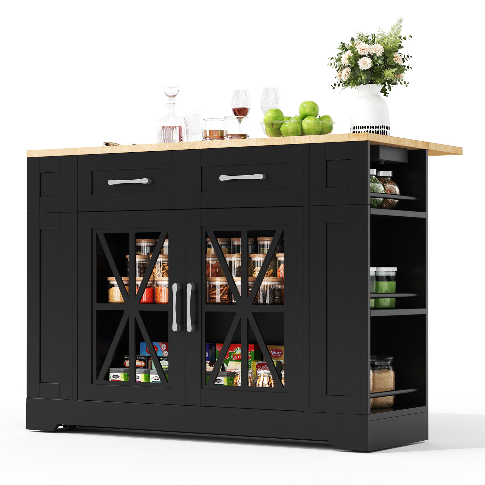 KÜCHENINSEL 120/40/92 cm schwarz/natur aus MDF mit Klapptisch - Schwarz, Holzwerkstoff (120/92/65cm) - OKWISH