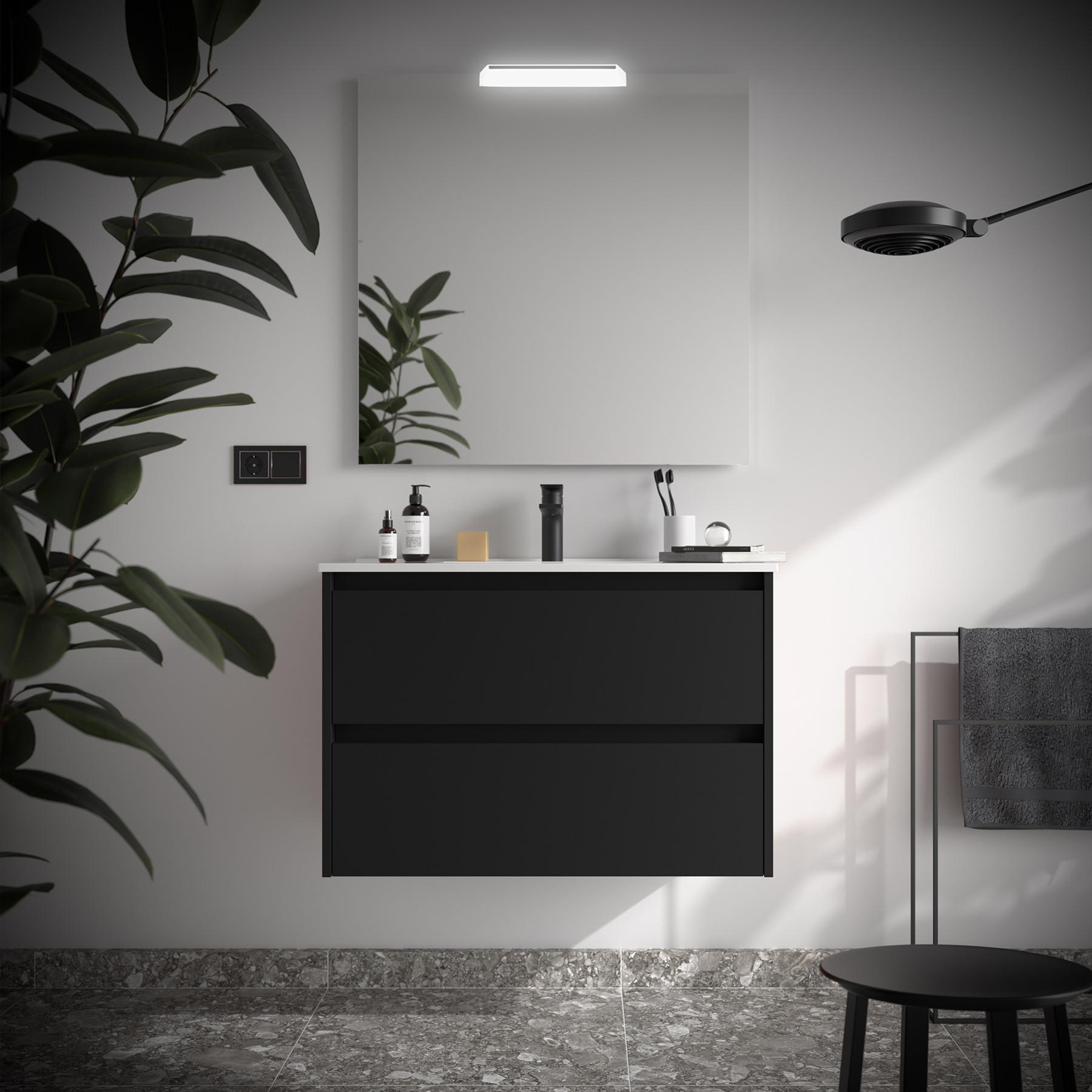 BADEZIMMERMÖBEL NOJA 800 2 Schubladen BLACK SATIN + Waschtisch + Spiegel - Schwarz, Metall (45/54/80cm) - Salgar