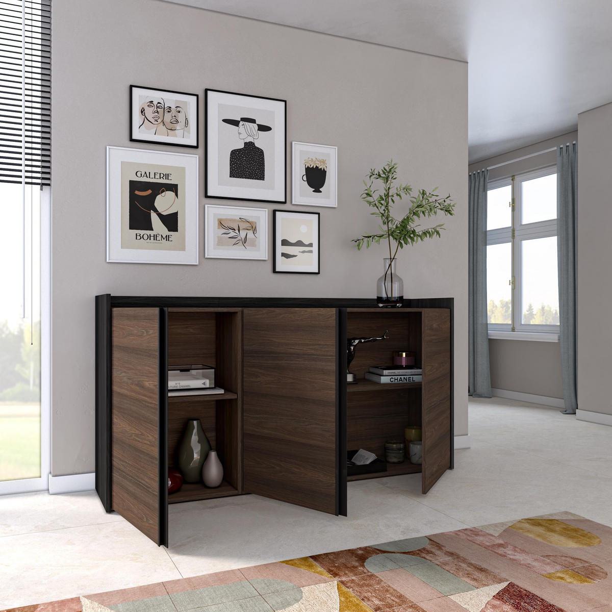 SIDEBOARD, Dunkler Eiche und Schwarz, 156/35/80cm - Dunkelbraun, Holzwerkstoff (156/80/35cm) - Skraut Home