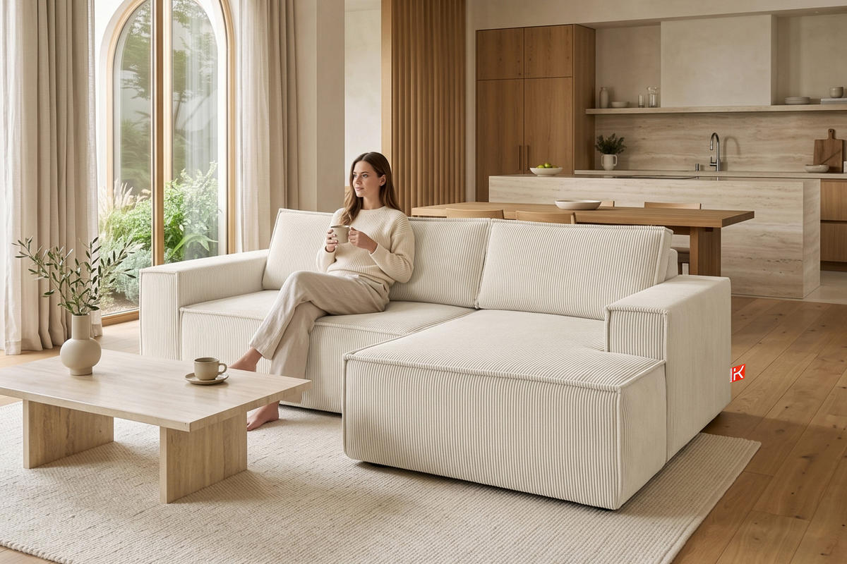 ECKSCHLAFSOFA-RECHTS NAPI in Pet Friendly Cord-Stoff, ecrufarben - Creme/Schwarz, Textil (262/148cm) - KONSIMO®