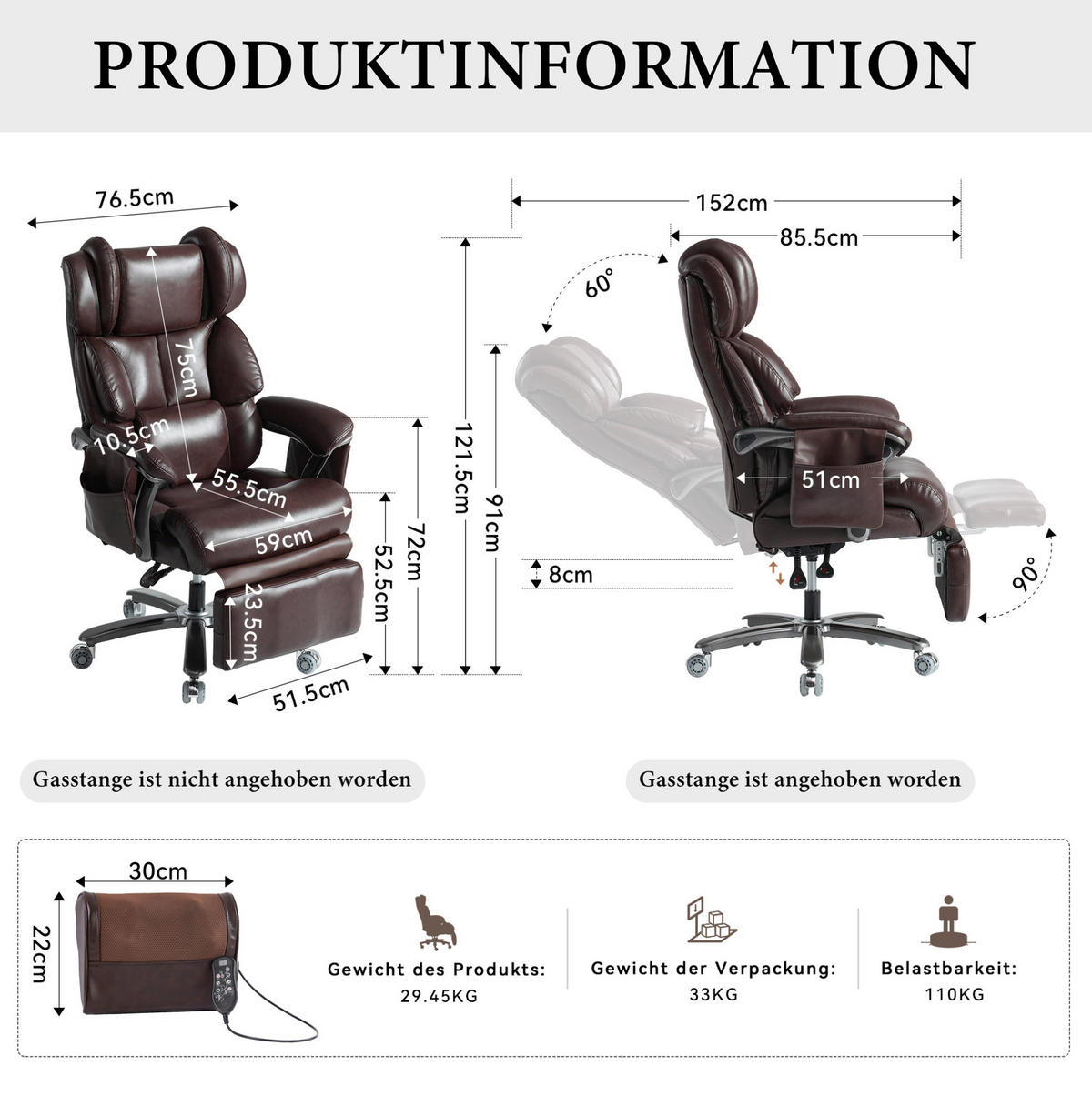 BÜROSTUHL mit Massage- und Heizfunktion PU-Leder Brown - Braun, Kunststoff (76.5/121.5/85.5cm) - Meubliv