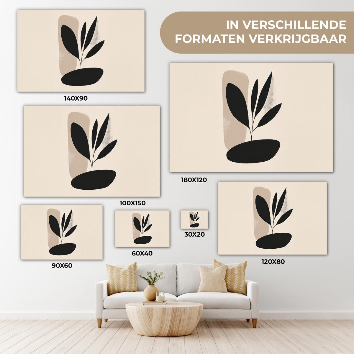 LEINWANDBILD Pflanze - Beige - Japanisch Deko Schlafzimmer 30x20 cm - Schwarz, Textil (30/20cm) - MuchoWow