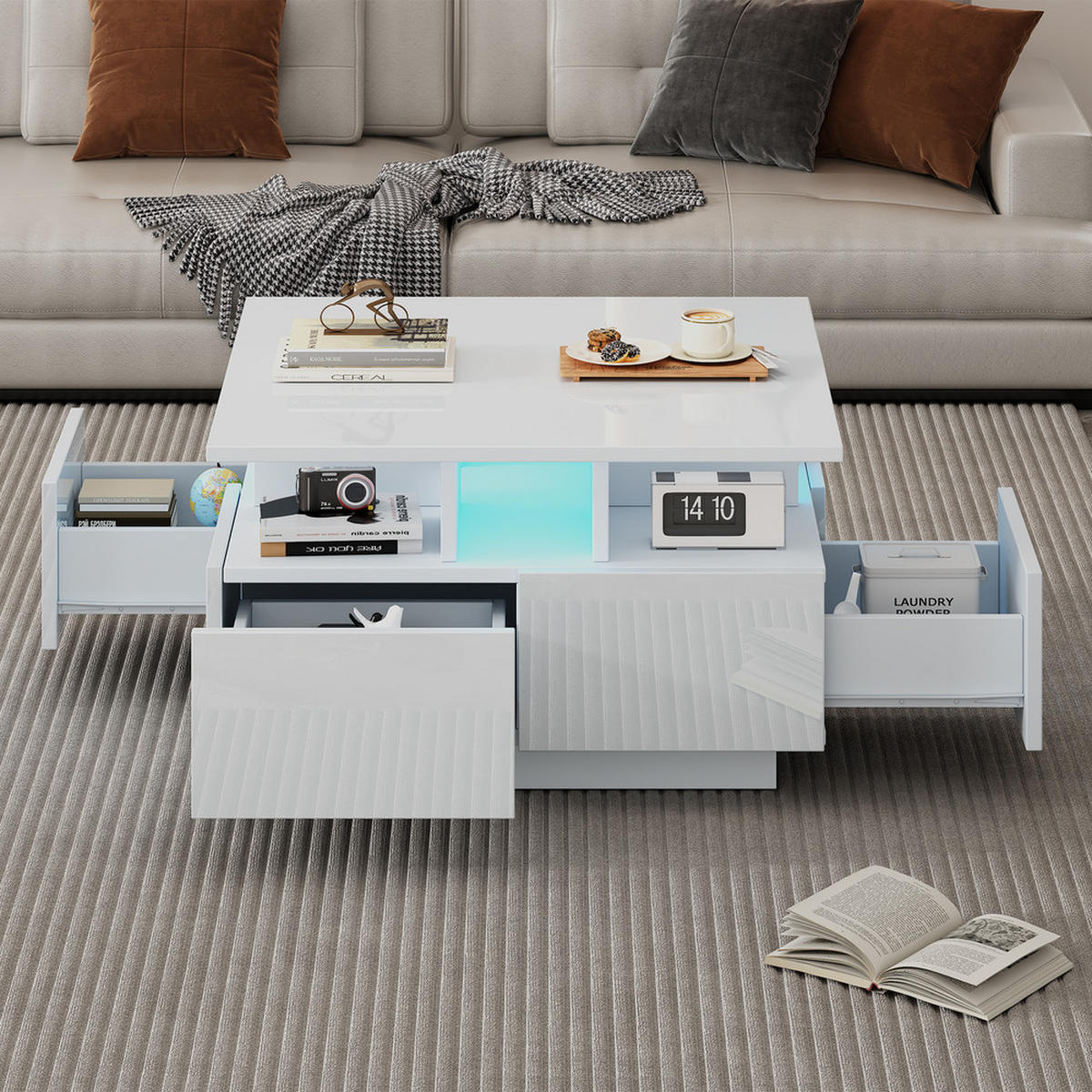 COUCHTISCH 70x70cm Weiß Hochglanz LED 4 Schubladen Geometrisch 30kg Belastung - Weiß, Holz (52.07/49.61/20.32cm) - FLIEKS