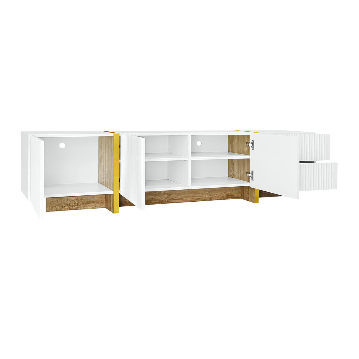 TV-SCHRANK 190/35/45 cm weiß mit gold und Holzmaserung mit 3 Türen und 2 Schubladen - Weiß, Holzwerkstoff (190/45/35cm) - OKWISH