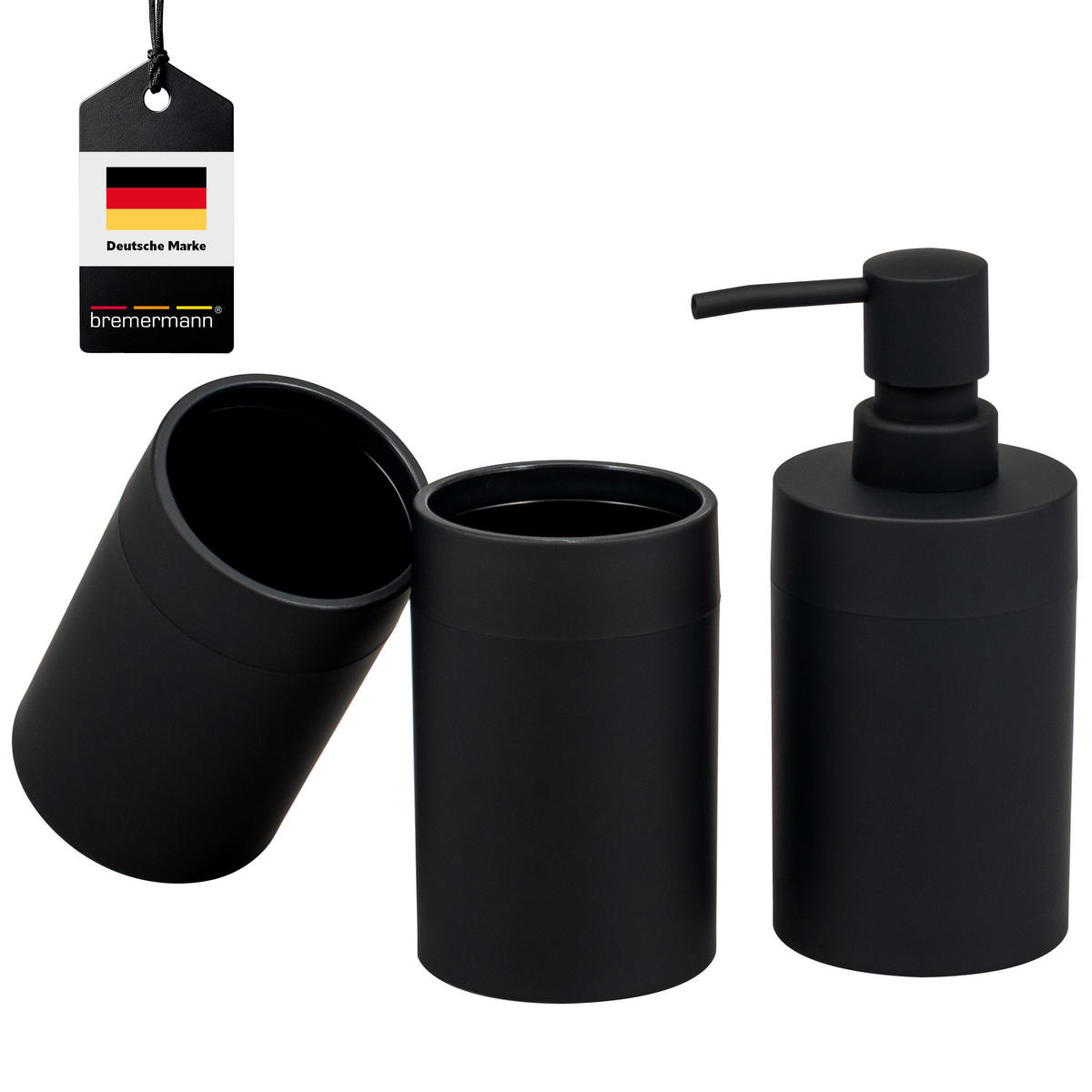 BADEZIMMER-SET SAVONA, Soft-Touch, schwarz, rund - Schwarz, Kunststoff (7/16/9cm) - bremermann