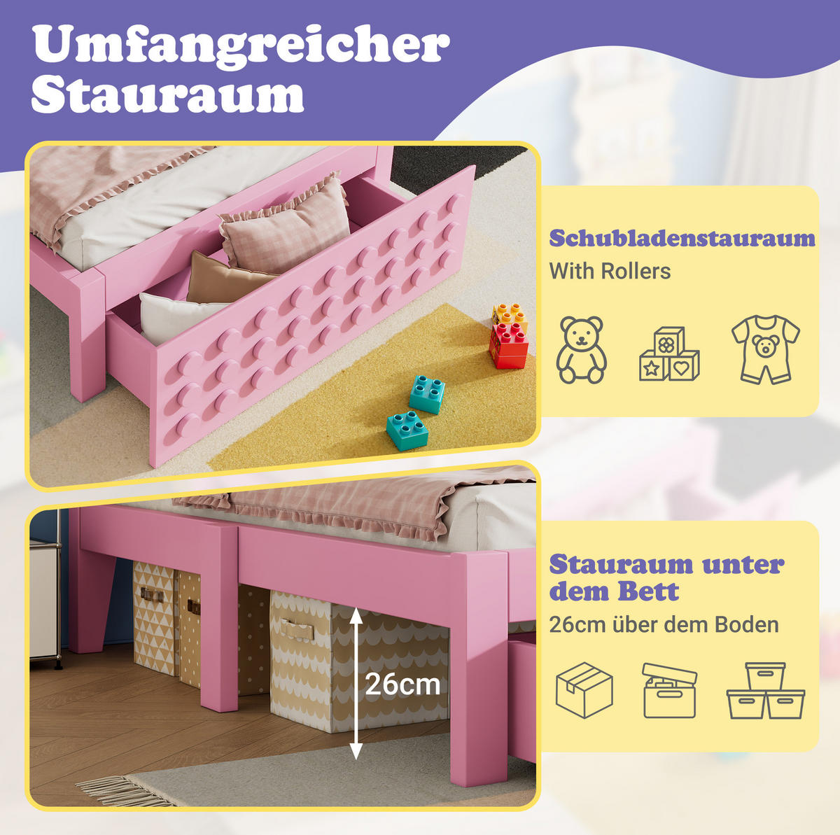 KINDEREINZELBETTEN aus Holz 90x200 cm in Rosa mit Schublade & Stauraum - Rosa, Holz (90/200cm) - Modfu