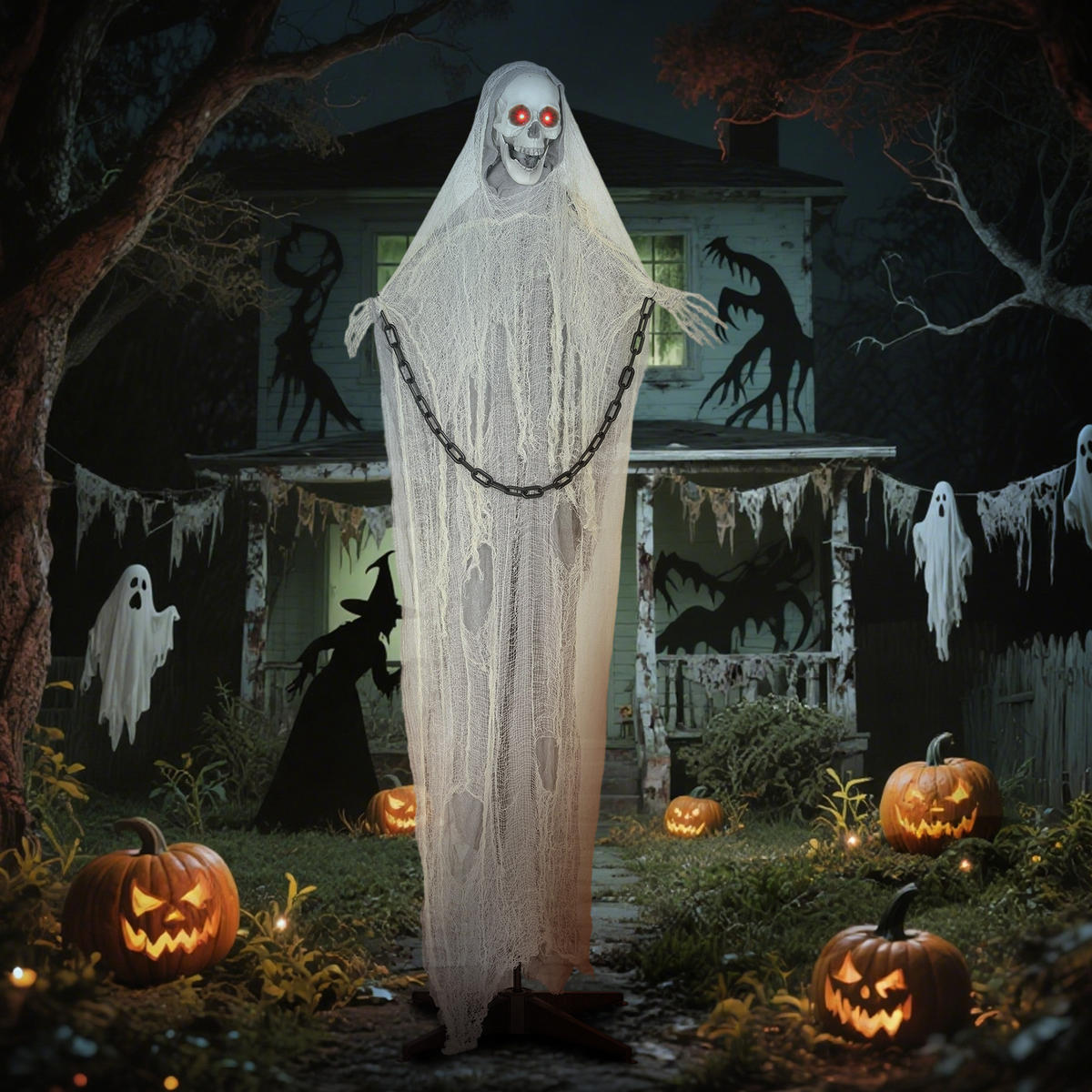 HALLOWEEN-DEKORATION Sensenmann 183 cm mit LED-Lichter, Soundfunktion - Grau, Textil (16/183/70cm) - Outsunny