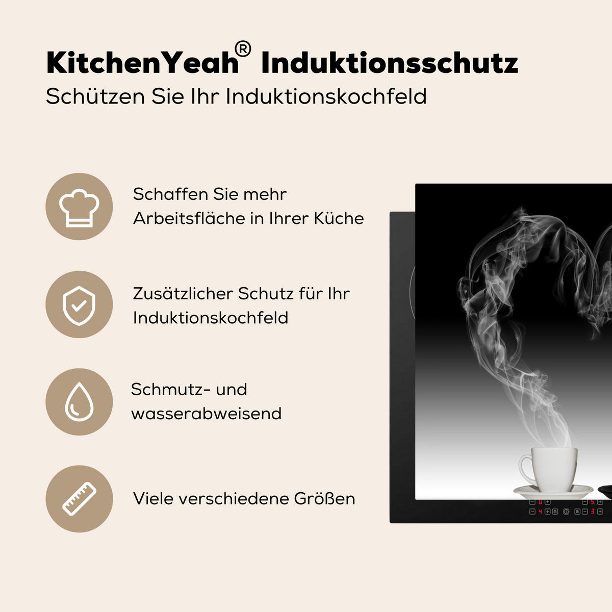 HERDABDECKPLATTE Kaffee - Herz - Schwarz und weiß - Tassen 57x51 cm - Weiß, Kunststoff (57.6/0.2/51.6cm) - MuchoWow