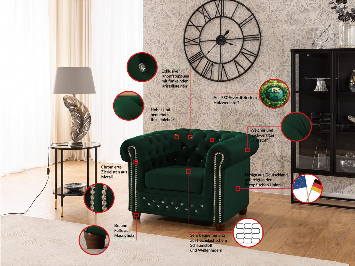 CHESTERFIELD-SESSEL Cleo Blink Flasche Grün Samt mit Kristallsteppung und braunen Massivholzfüßen - Beige/Braun, Holz/Textil (104/72/86cm) - S-Style Möbel