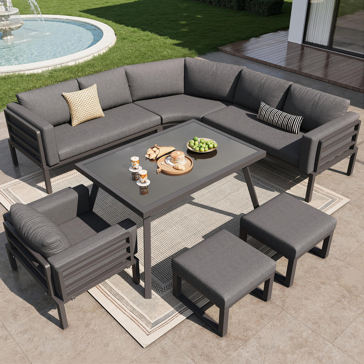 GARTENSETS aus Eisen 114x60x77cm Grau mit Sicherheitsglas-Coffeetable - Grau, Metall - Modfu