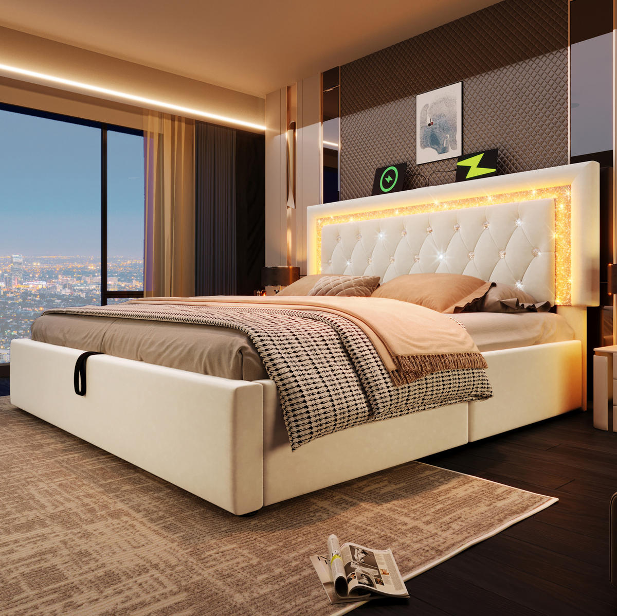 BETT mit LED und Stauraum 140x200 cm Samt Beige inkl. Matratze - Beige, Metall (140/200cm) - Meubliv