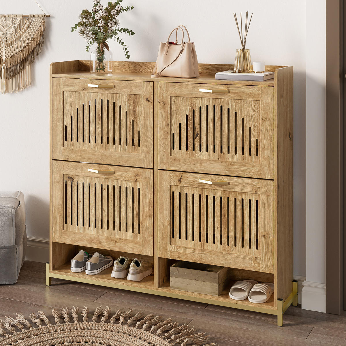 SCHUHSCHRANK 4 Türen Vertikale Lamellentüren Metallrahmen Ablage - Naturfarben, Holzwerkstoff (24/100/108.5cm) - FLIEKS