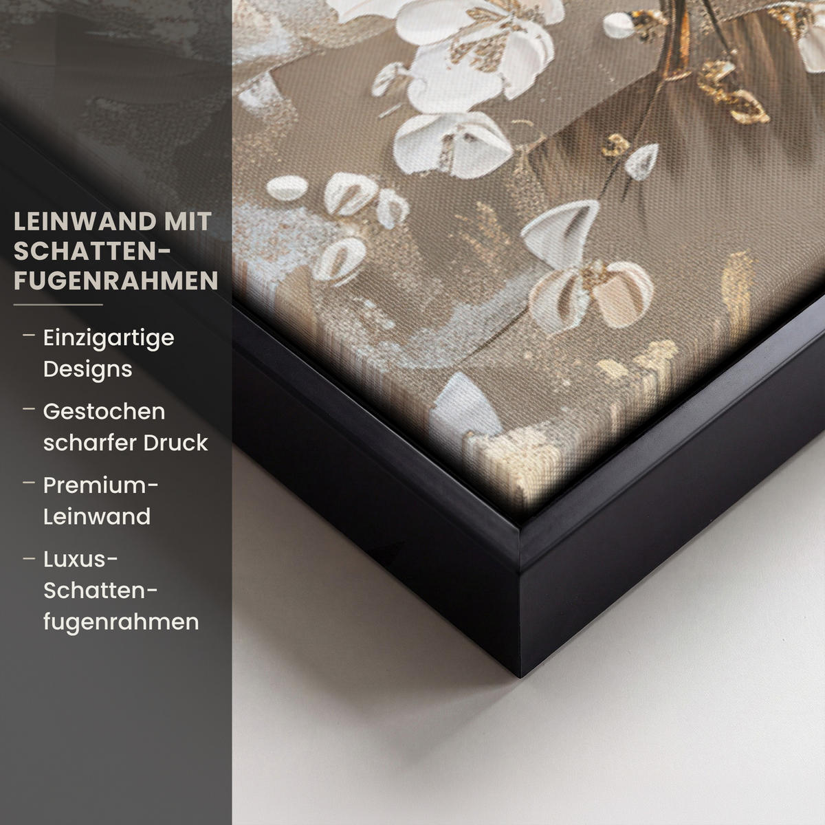LEINWAND Bilder mit Rahmen - Blumen - Weiß - Gold - Beige - Luxus - 60x40 - Greige, Textil (60/40cm) - MuchoWow