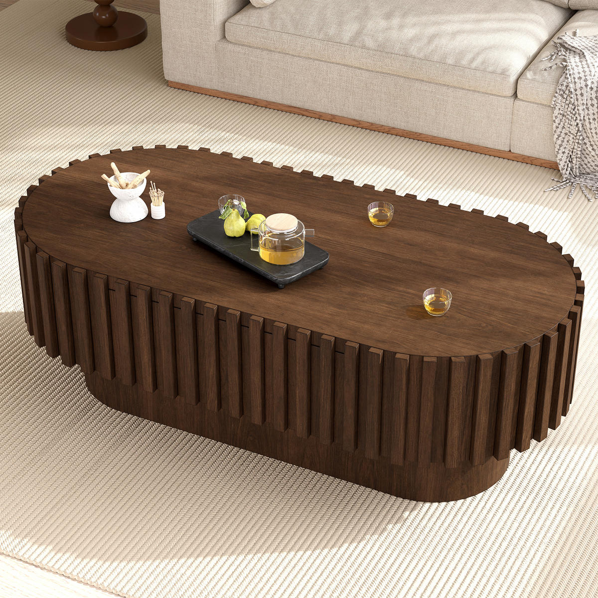 COUCHTISCH 100/50/35,5 cm mit Schublade und Lamellenoptik in Walnussholzfarbe - Walnussfarben/Schwarz, Holzwerkstoff (50/100/35.5cm) - CHICFURN