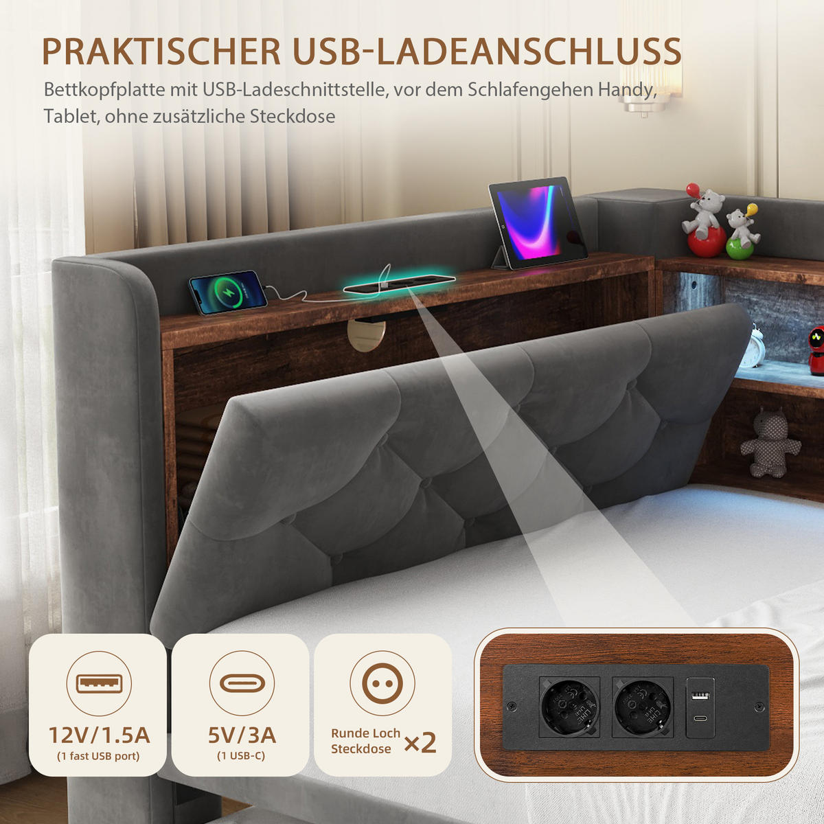 TAGESBETT Ausziehbar 90/180x190cm, Samt, LED/USB/Stauraum, Dunkelgrau - Dunkelgrau, Holz/Textil - LVHOM