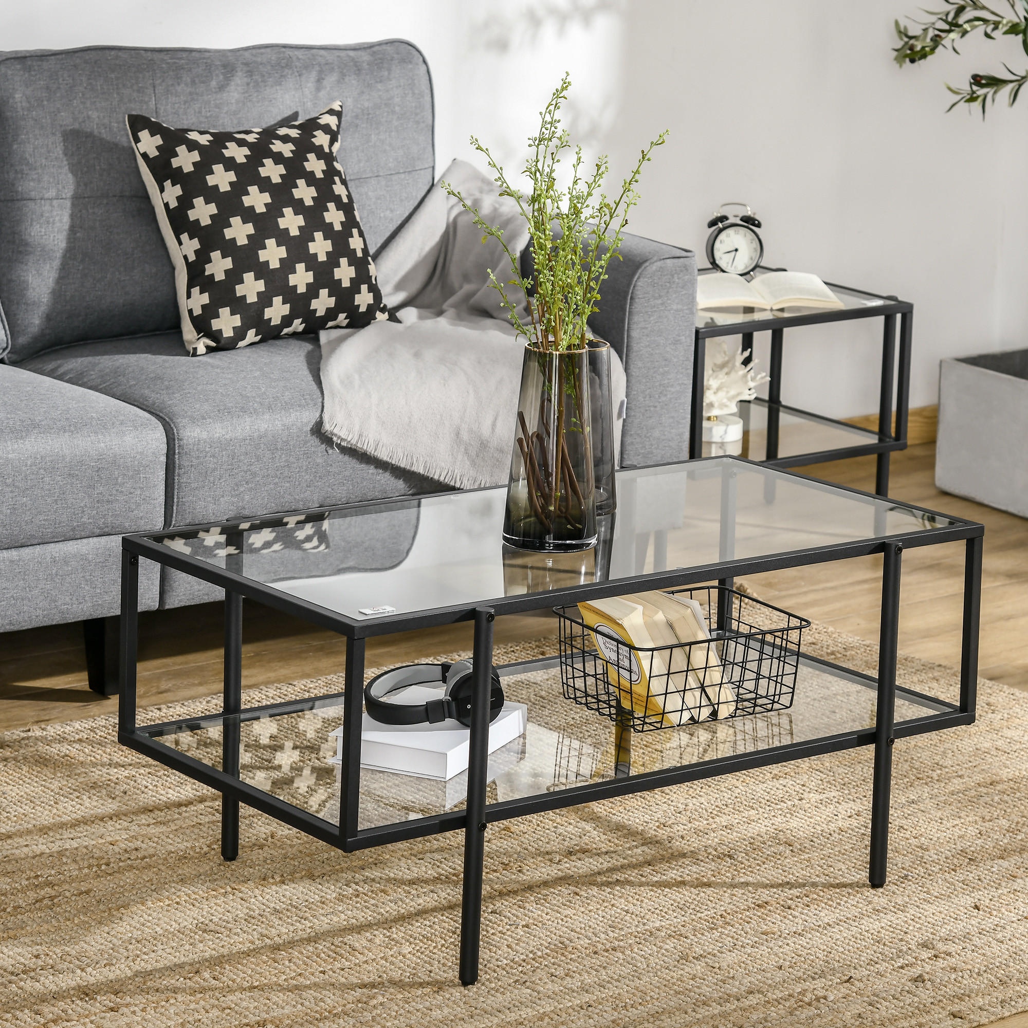 GLAS-COUCHTISCH, Stahl - Transparent, Glas (100/55/45.5cm) - HOMCOM