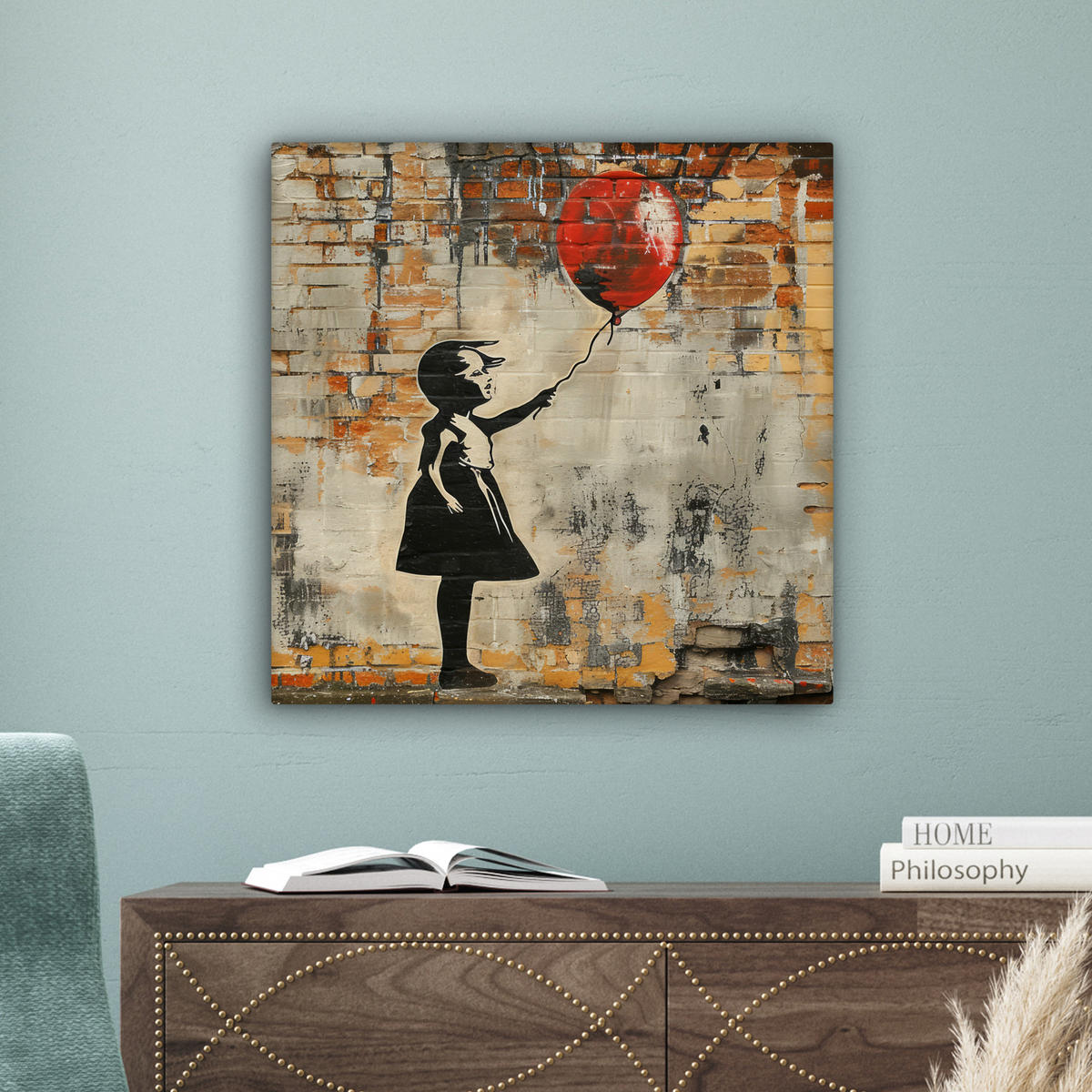 LEINWANDBILD Graffiti - Banksy - Mädchen - Straßenkunst Wandbild Wohnzimmer 50x50 cm - Sandfarben, Textil (50/50cm) - MuchoWow