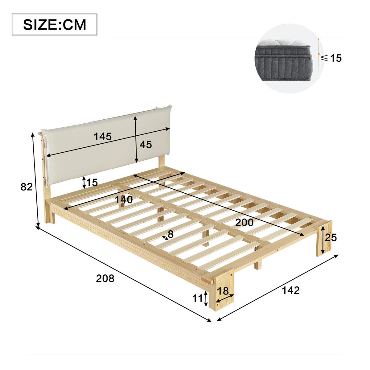 POLSTERBETT 140/200 cm natur aus Holz mit gepolsterter Rückenlehne - Naturfarben, Textil (140/200cm) - OKWISH