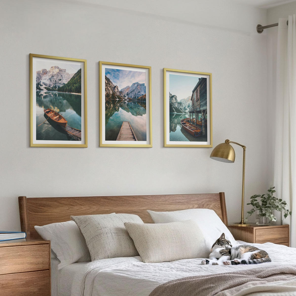 BILDER SET 3er Set - 40x60 cm Goldrahmen - See, Berge, Boote, Ferienhaus - Goldfarben, Kunststoff (40/60cm) - TULUP