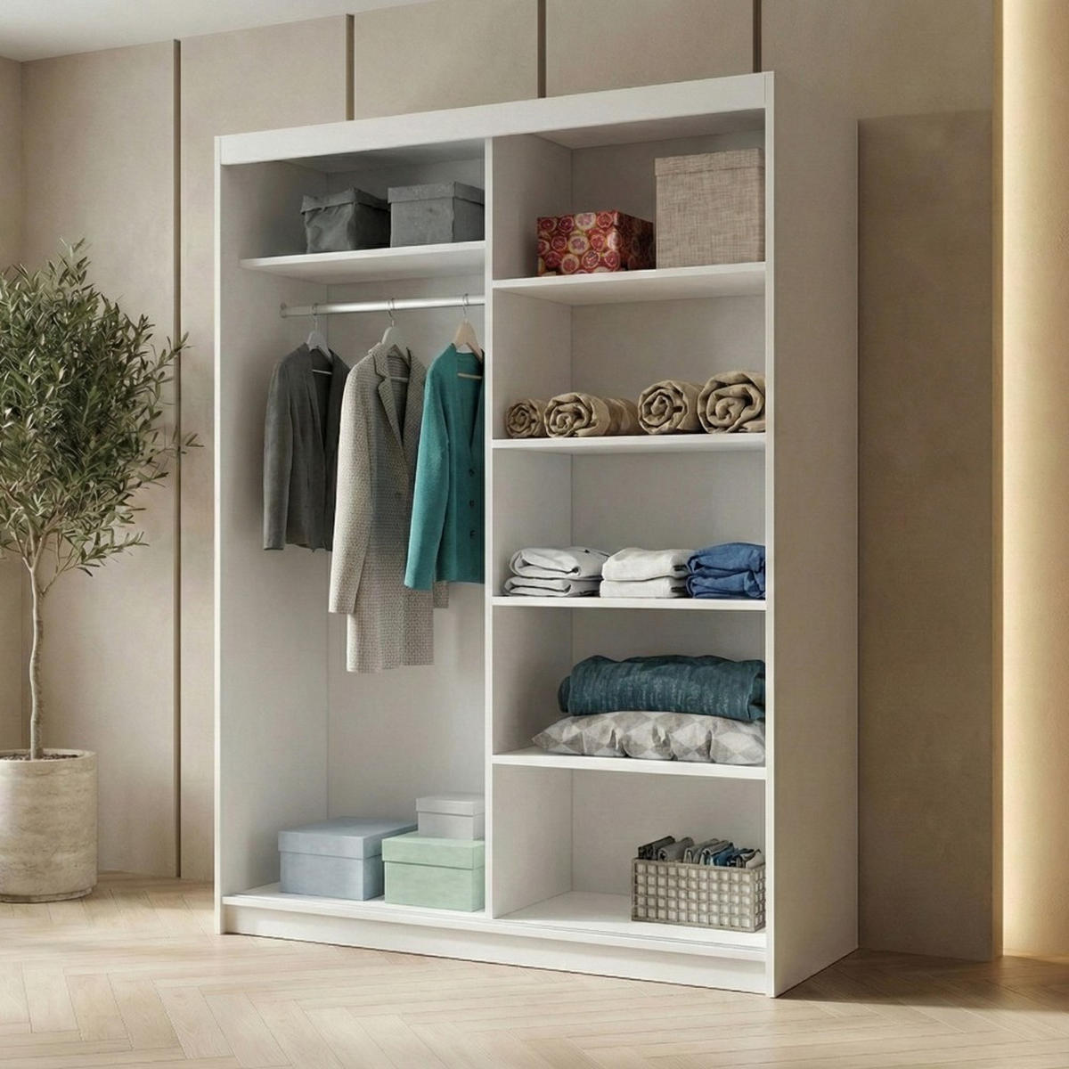 SCHWEBETÜRENSCHRANK Hela 120/205/60 2-türig weiß mit Spiegel - Weiß, Holzwerkstoff (120/205/60cm) - Beautysofa