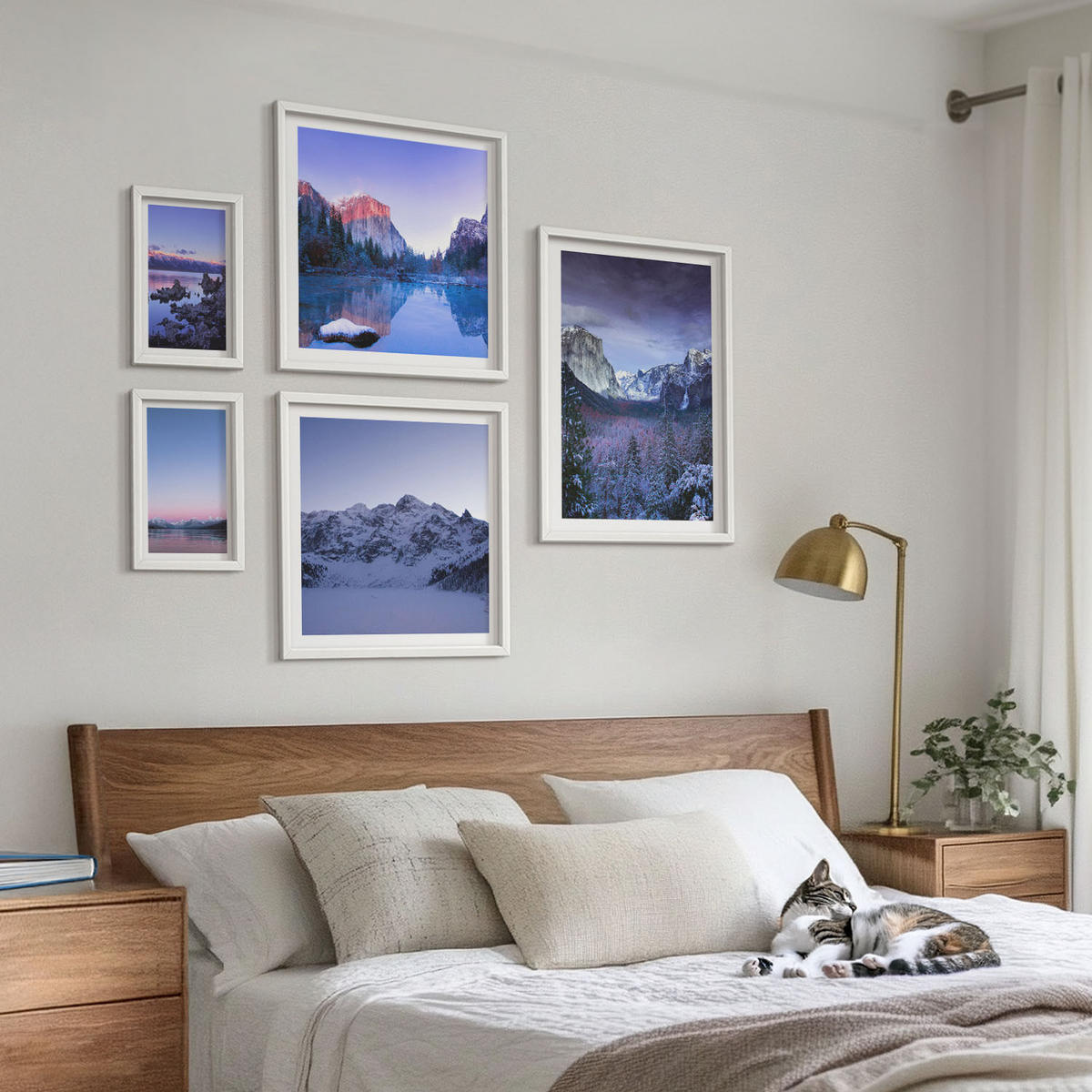WANDBILDER 5er-Set - 50x50 cm & 20x30 cm & 40x60 cm Weißer Rahmen - Berglandschaften, Sonnenuntergang, Wasser - Weiß, Kunststoff (40/60cm) - ArtPrintCave