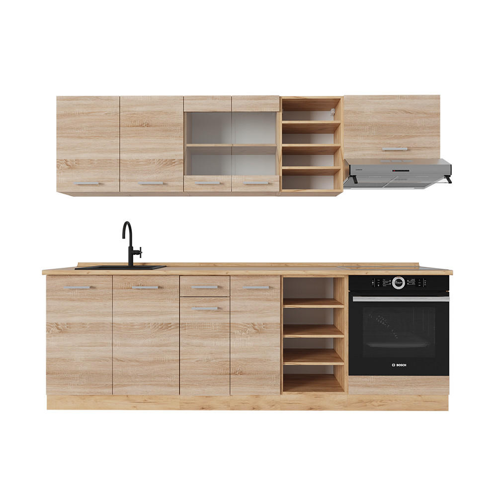 KÜCHENZEILE R-Line Sonoma/Goldkraft Eiche 240 cm ohne Arbeitsplatte - Eiche Wotan/Sonoma Eiche, Holzwerkstoff (240/81.6/46cm) - Vicco