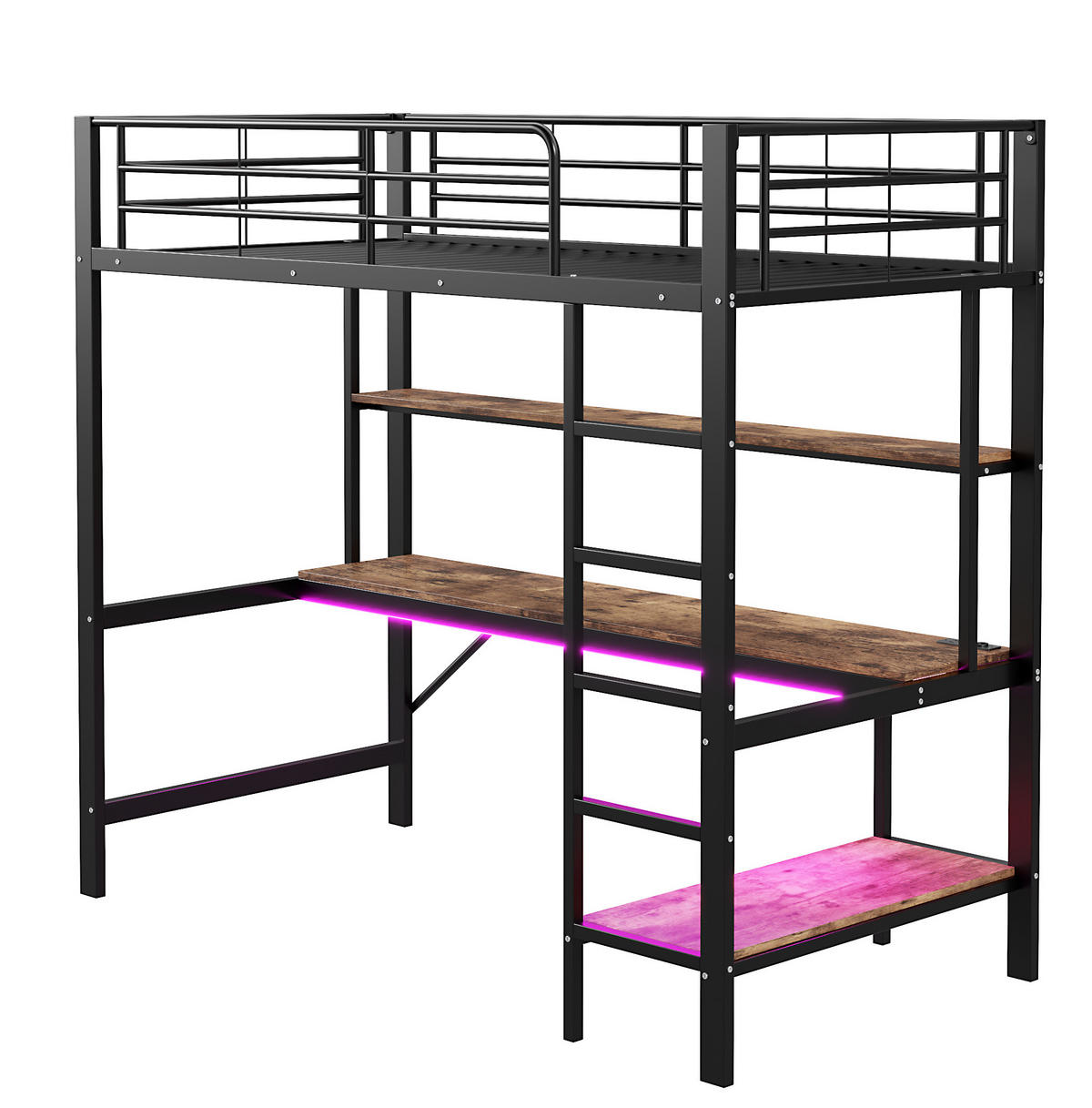 HOCHBETT 90/200 cm mit Schreibtisch, Regal, USB, Steckdose und LED-Ambientelicht, Schwarz - Schwarz, Metall (90/200cm) - Redom