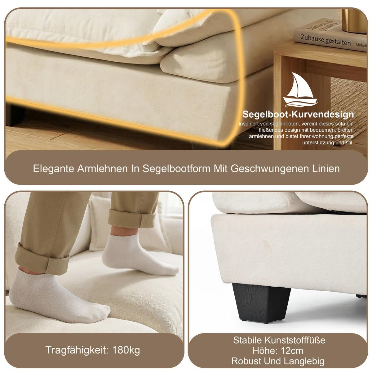 3-SITZER Sofa 263/82/90 cm mit geschwungenen Armlehnen, Chenille-Bezug und modularem Design, Beige - Beige, Textil (263/90/82cm) - Redom