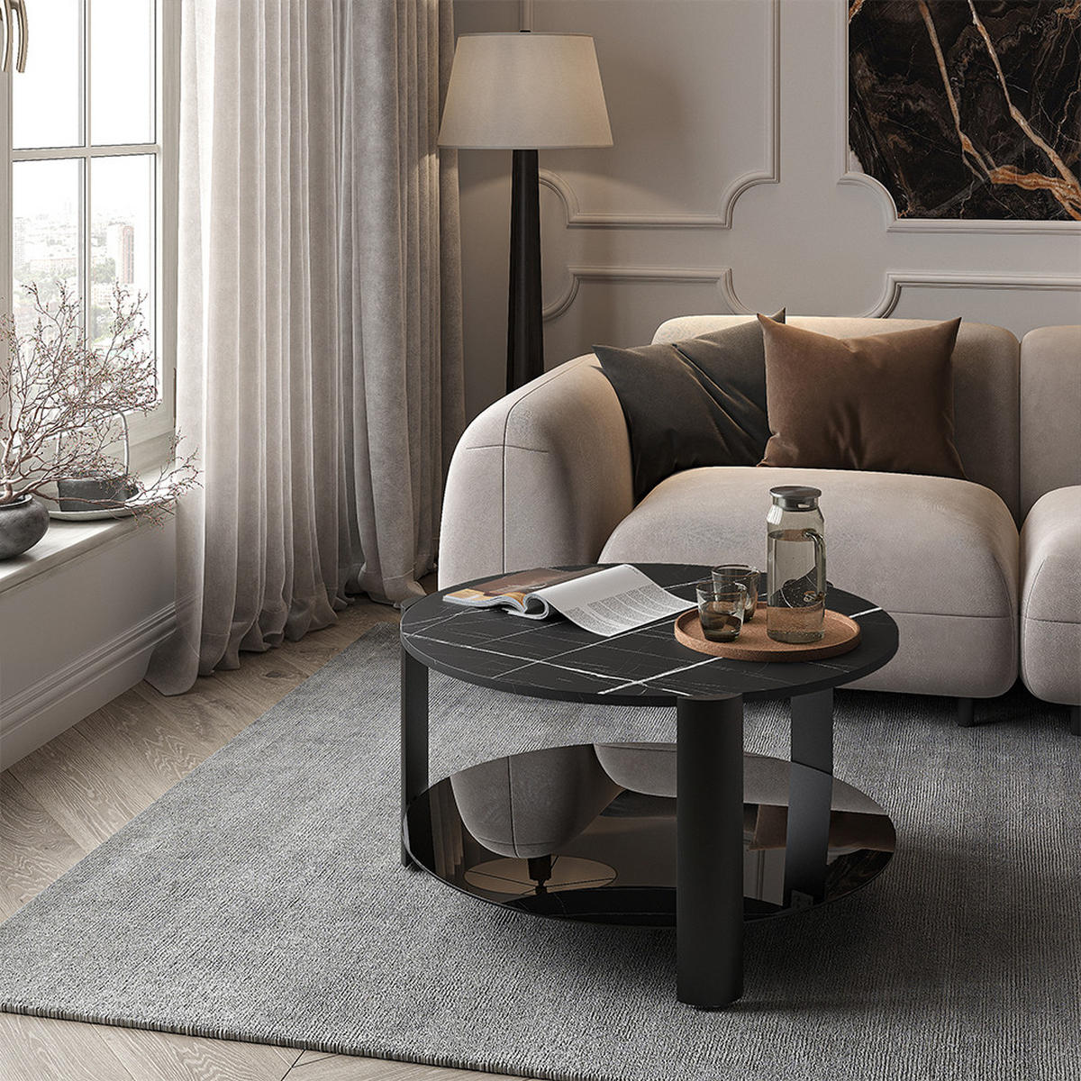 COUCHTISCH Navo, Schwarzer Marmor/Schwarz, 80 x 80 cm - Schwarz Hochglanz/Schwarz, Holzwerkstoff (80/80/43.5cm) - Vicco
